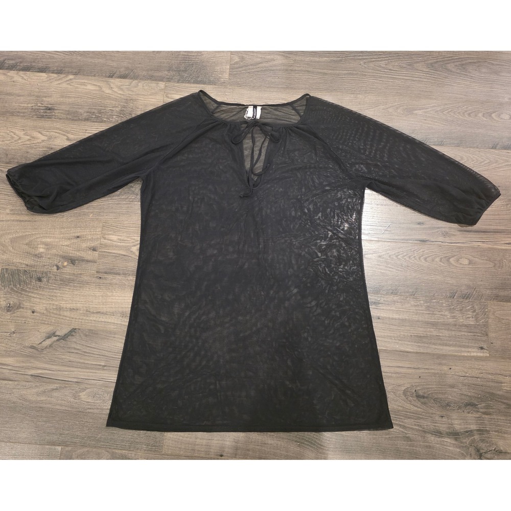 Women's‎ sz L Jantzen Black Sheer Mesh Swim Cover Up Tunic V-Neck Tie 3/4 Sleeve